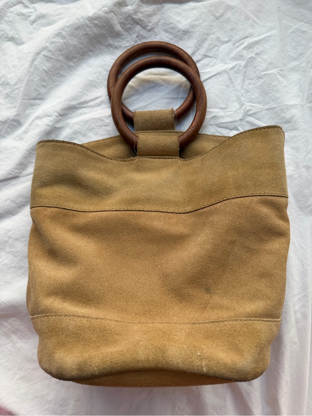 Lucky Brand Tan Genuine Suede Bucket Bag Wood Ring Top Handles